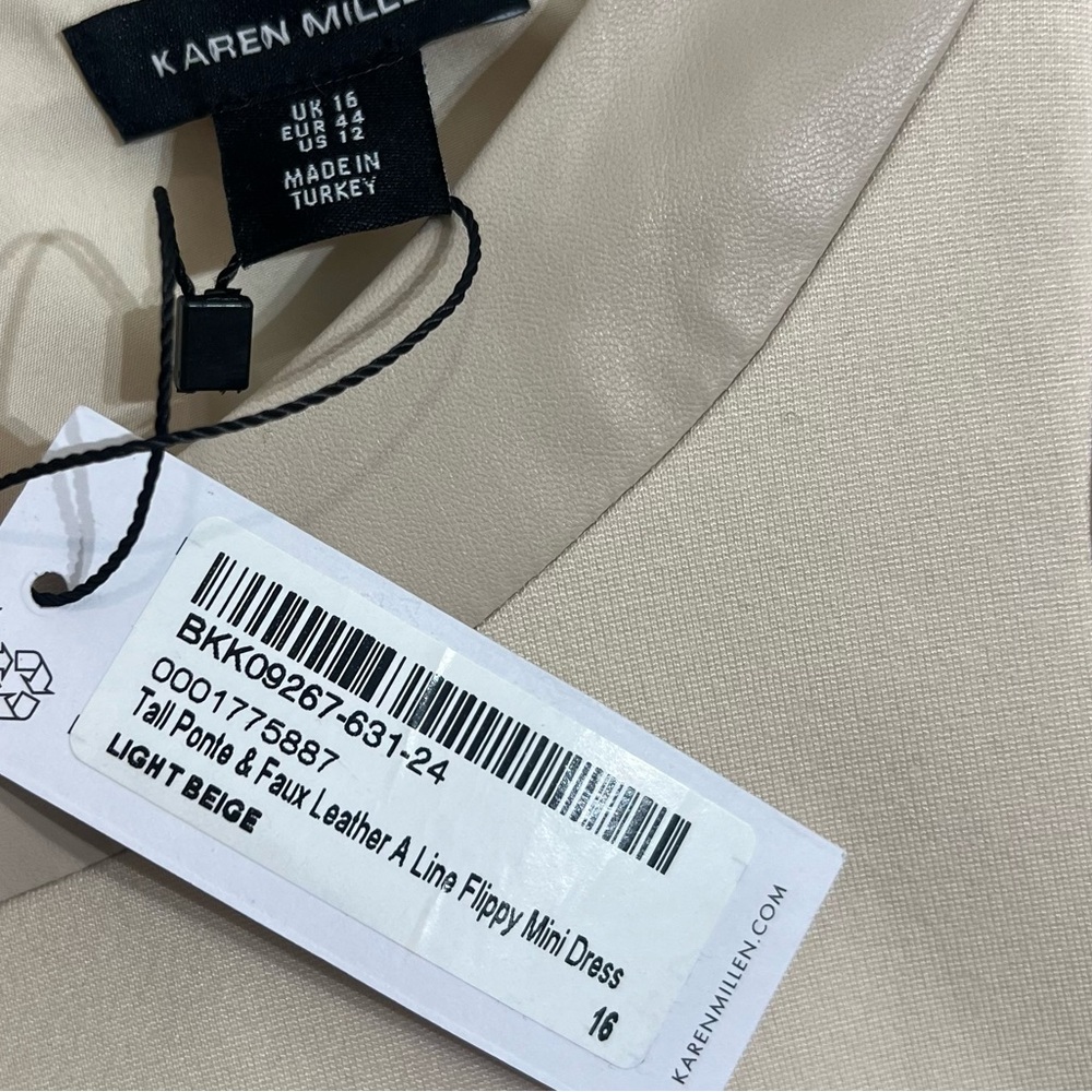 NWT Karen Millen Ponte Faux leather A line flippy mini dress 12 Tall beige - Picture 10 of 13